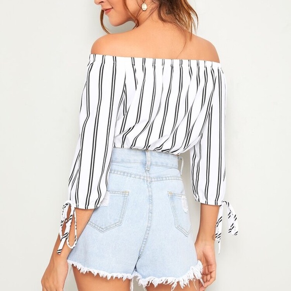 Striped Off Shoulder Knot Cuffed Blouse - Picture 2 of 5